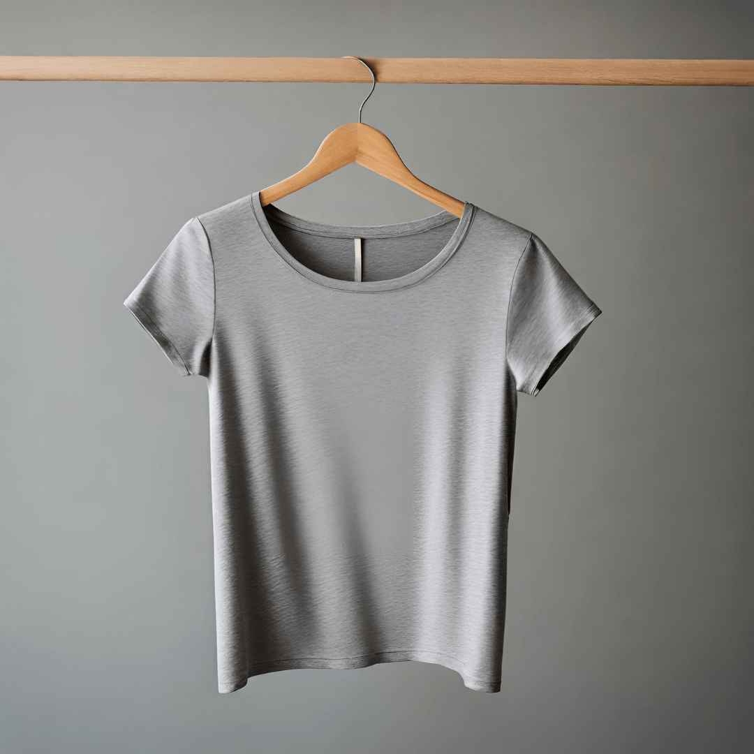 Gray woman's T-shirt on wooden hangerPicture